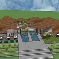Modern Wooden Roof Building With Central Courtyard Large Glass Windows Landscaping And Parking Area