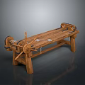 Rustic Vintage Wooden Bench with Wheels Chains and Metal Hardware Details