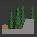 Snowy Mountain Scene With Wooden Cabin Green Pine Trees And Ski Slope