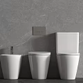 Three Different White Toilets in Modern Bathroom with Grey Marble Wall and Flush Button