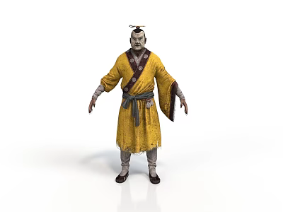 Man Wearing Traditional Yellow Robe with Belt and Ancient Style Attire 3d model