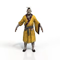Man Wearing Traditional Yellow Robe with Belt and Ancient Style Attire