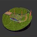 Miniature Circular Grassy Landscape Model Featuring Green Roof Building Small Shed Pathways And Utility Poles