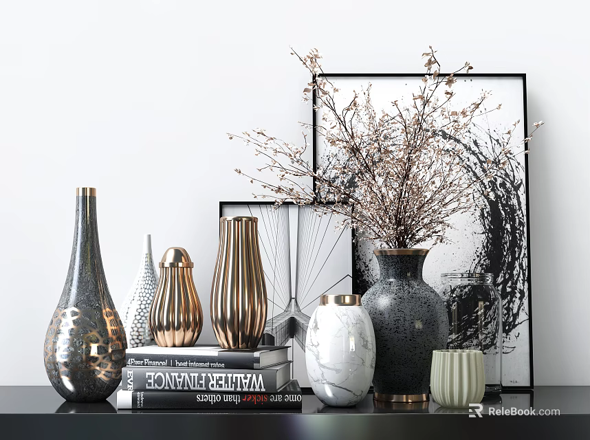 Stylish Decorative Ornament Set With Metallic Ceramic Vases Decorative Branches Books And Framed Artwork 3d model 