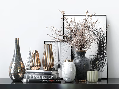 Stylish Decorative Ornament Set With Metallic Ceramic Vases Decorative Branches Books And Framed Artwork 3d model