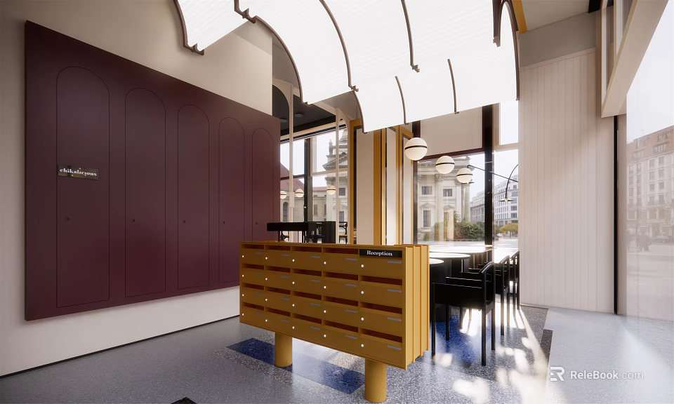 Modern Café Interior With Burgundy Wall Wooden Counter Large Windows And Curved Lighting 3d model 