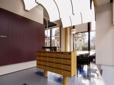 Modern Café Interior With Burgundy Wall Wooden Counter Large Windows And Curved Lighting 3d model