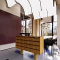 Modern Café Interior With Burgundy Wall Wooden Counter Large Windows And Curved Lighting