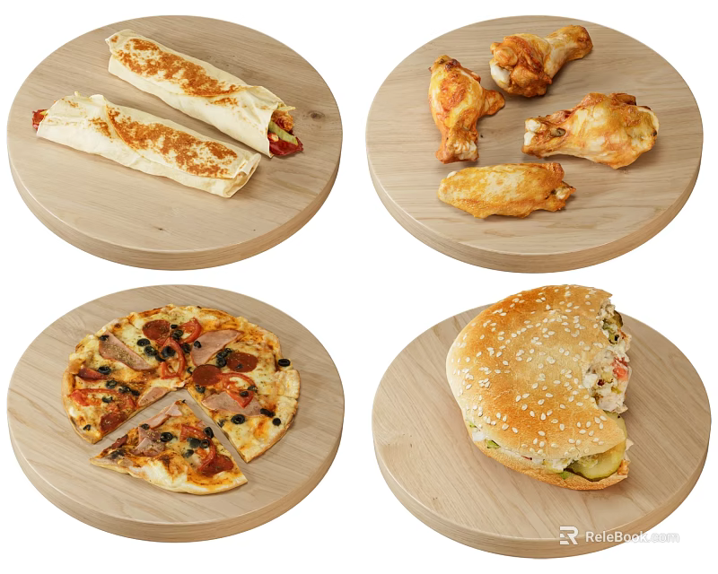 Delicious Burritos Fried Chicken Pizza And Burger Served On Wooden Plates 3d model 