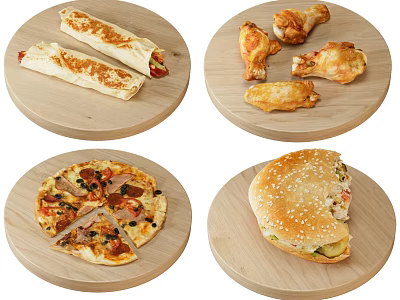Delicious Burritos Fried Chicken Pizza And Burger Served On Wooden Plates 3d model