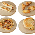Delicious Burritos Fried Chicken Pizza And Burger Served On Wooden Plates