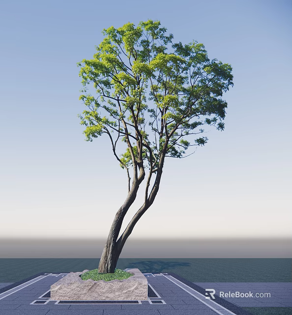 Tall Arbor With Green Leaves And Curved Trunk Against Blue Sky 3d model 