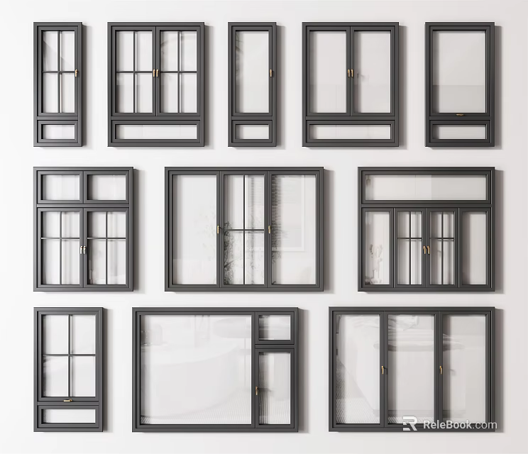 Various Window Styles With Black Frames And Glass Panels For Home Interior 3d model