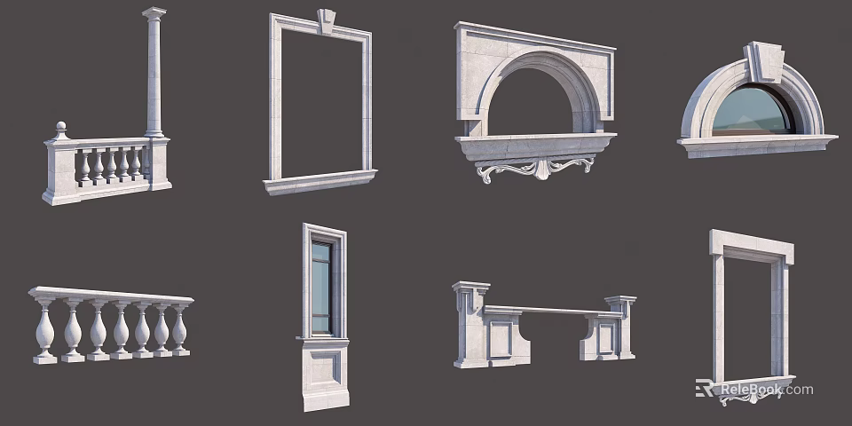 Classical White Stone Architectural Components Including Window Frames Arched Openings Balustrades And Pillars 3d model