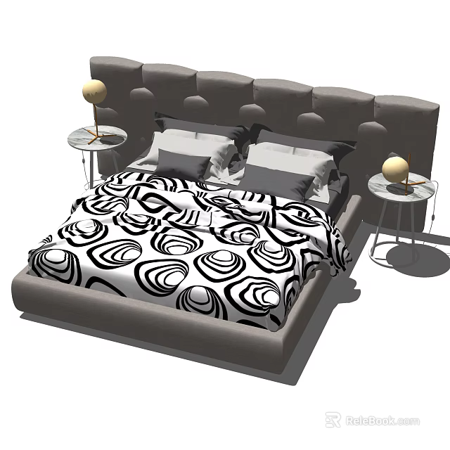 Modern Double Bed With Tufted Headboard Black White Geometric Bedspread And Side Tables 3d model 