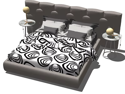 Modern Double Bed With Tufted Headboard Black White Geometric Bedspread And Side Tables 3d model