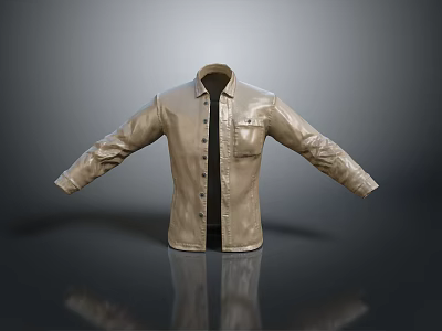 Stylish Beige Leather Jacket With Collared Neck Buttoned Front And Chest Pocket 3d model
