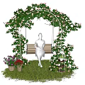 Outdoor Swing Play Equipment with Vine Covered Arch Colorful Flowers Decorative Birdcage and Green Grass