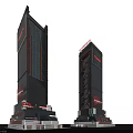 Cartoon Scene Featuring Two Modern Dark Skyscrapers With Red Accents And Base Structures 3d model