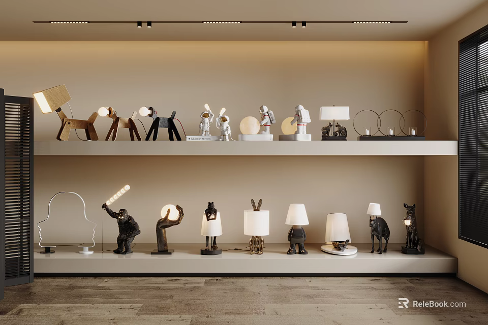 Diverse Creative Table Lamps Display On Modern Interior Shelves With Artistic Designs 3d model 