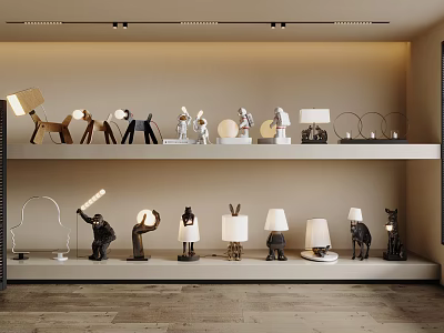 Diverse Creative Table Lamps Display On Modern Interior Shelves With Artistic Designs 3d model
