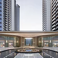 Modern Hotel Building Exterior Architecture With Glass Curtain Wall And Central Fountain Plaza