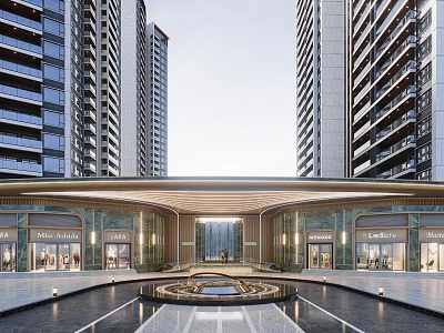 Modern Hotel Building Exterior Architecture With Glass Curtain Wall And Central Fountain Plaza 3d model