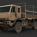 Khaki Military Truck With Open Cargo Bed And Rugged Six Wheel Design