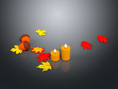 Autumn Decoration Setup With Orange Candles Yellow Red Maple Leaves And Acorns 3d model