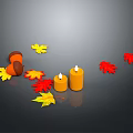 Autumn Decoration Setup With Orange Candles Yellow Red Maple Leaves And Acorns