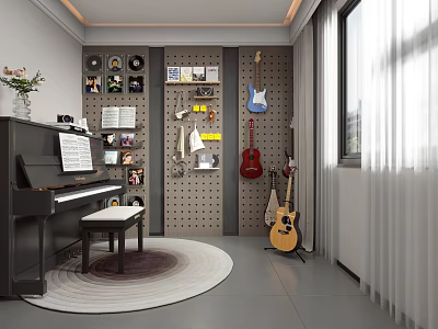 Bright Piano Room With Black Piano Bench Sheet Music Guitars Pegboard Wall And Round Rug 3d model