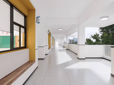 Bright Spacious School Corridor With Windows Benches And Outdoor Scenery 3d model