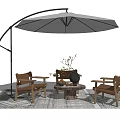 Outdoor Chairs With Wooden Frame Leather Seats Curved Parasol Round Table Decorative Vase And Rug