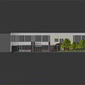 Modern Commercial Street Building Exterior With Covered Walkway Trees And Flower Beds