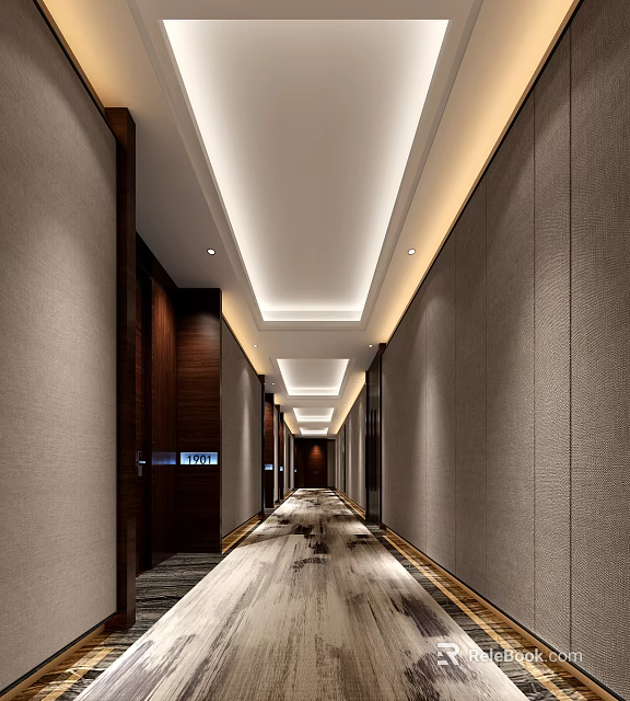 Modern Sleek Elevator Hallway Design With Recessed Lighting Gray Walls And Carpeted Floor 3d model 