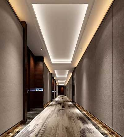 Modern Sleek Elevator Hallway Design With Recessed Lighting Gray Walls And Carpeted Floor 3d model