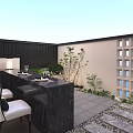 Modern Garden Landscape Design With Stone Pavement Bench Red Maple Tree And Lush Plants