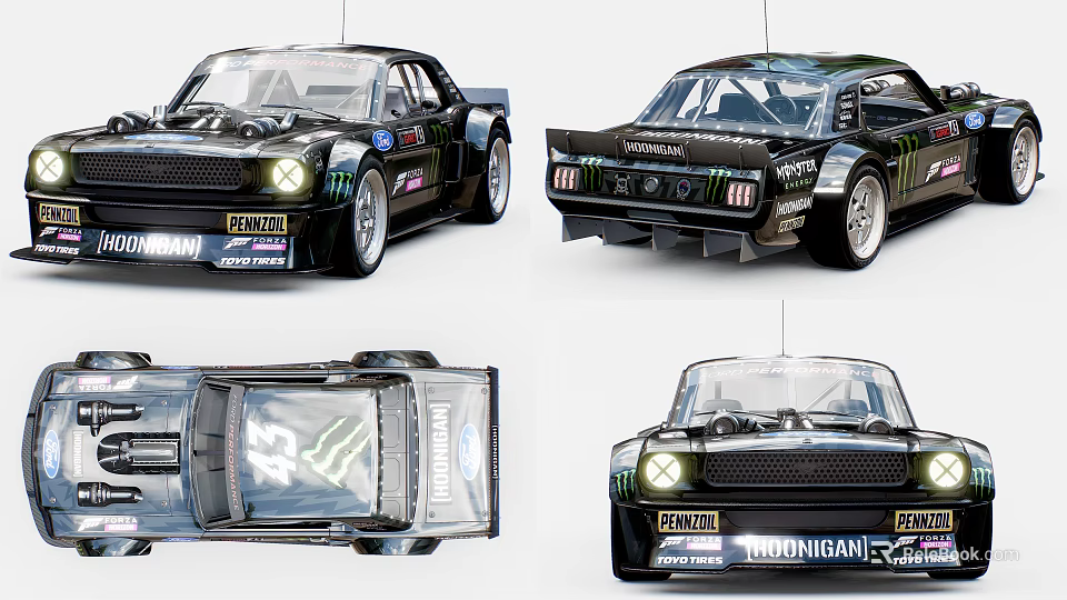 Black Sporty Racing Cars With Monster Rayani TrouniGan Logos And Wide Body 3d model 
