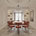 Elegant Modern Restaurant Interior With Round Dining Table Orange Chairs Chandelier And Wine Racks 3d model