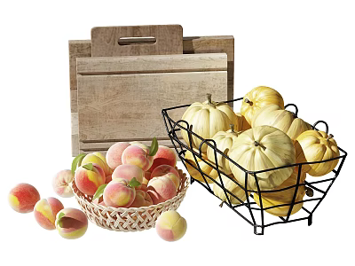 Fresh Peaches In Wicker Basket And Pumpkins In Metal Basket With Wooden Cutting Board 3d model