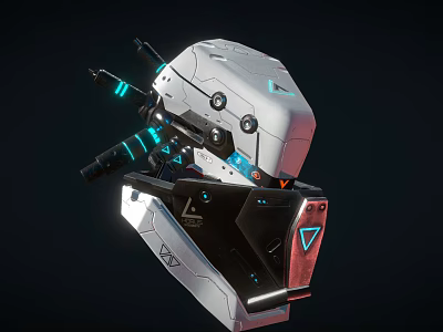 Futuristic White Robot Head With Blue Glowing Accents And Geometric Design 3d model
