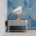 Modern Bedside Table With Stylish Lamp And Textured Wall On Wooden Floor