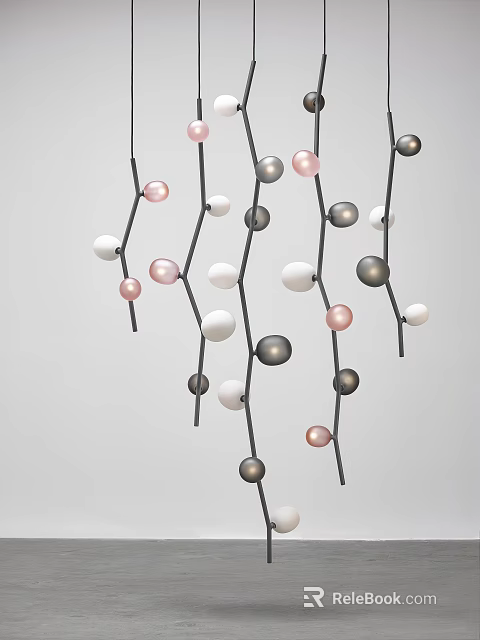 Modern Chandelier With White Pink Gray Spheres And Black Rods Hanging Decorative Design 3d model 