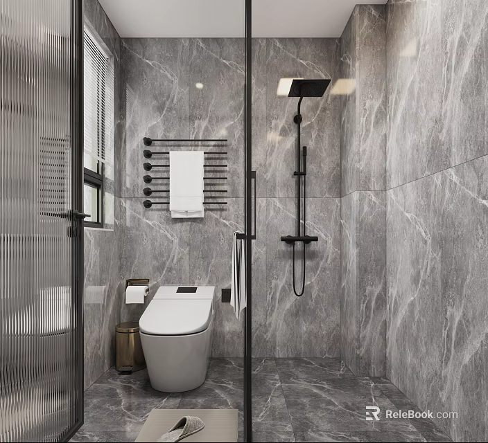 Elegant Modern Bathroom Interior Design With Marble Walls Smart Toilet And Shower System 3d model 