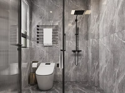 Elegant Modern Bathroom Interior Design With Marble Walls Smart Toilet And Shower System 3d model