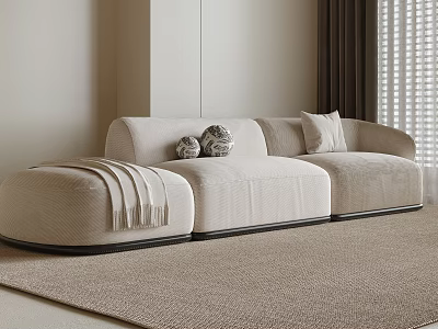 Beige Velvet Sectional Sofa In Modern Living Room With Decorative Pillows Throw Blanket And Rug 3d model