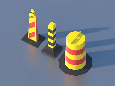 Three Cylindrical Traffic Barriers With Yellow Red Stripes And Black Bases 3d model