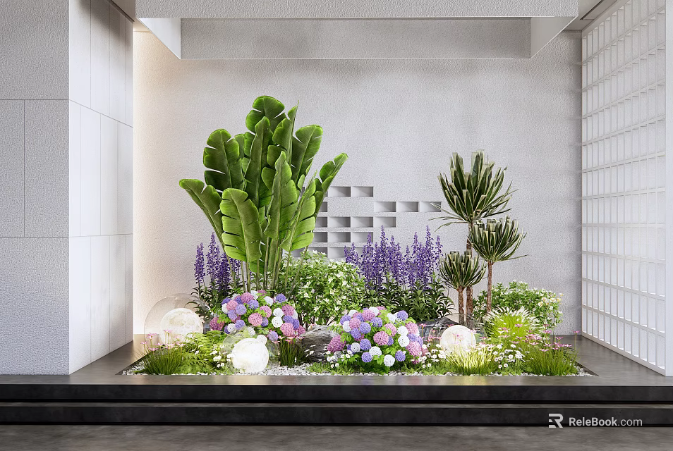 Elegant Plant Combination Featuring Large Leafy Plants Purple Flowers Pink White Blooms Modern Wall Design 3d model 
