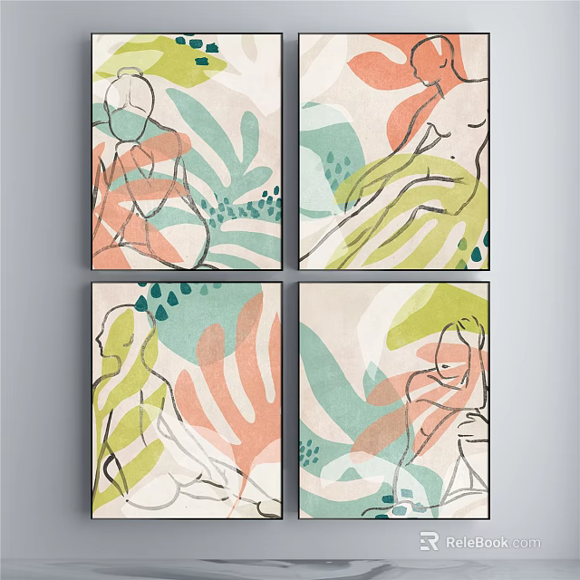 Abstract Painting Four Panel Set With Soft Hues Leaf Patterns And Human Figure Outlines 3d model