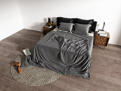 Double Bed With Gray Bedding Black Headboard Nightstands And Woven Rug On Wooden Floor 3d model